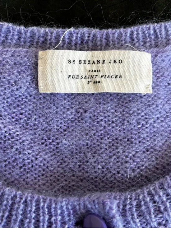 Sezane Lavender Égide Cardigan Puff-Sleeve Eyelet Knit Cardigan - Picture 2 of 5